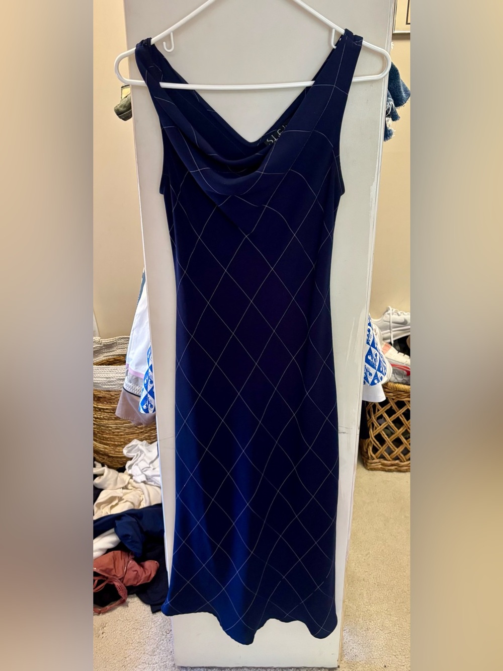 S.L. Fashions Navy Midi Dress with Draped Cowl Neck